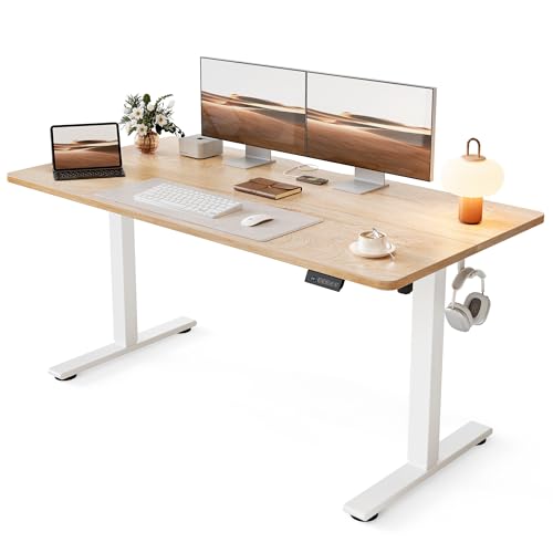 Cubiker Standing Desk, 55x28 Inches Sit Stand Home Office Desk, Electric Stand up Desk, Adjustable Desk with Splice Board, White Frame/Maple Top - color: Maple, size: 55x28
