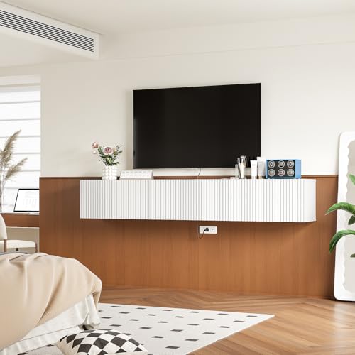 Floating TV Stand with 3 Doors,70IN Wall Mounted TV Cabinet,Floating Media Console Slatted Entertainment Center with Storage,Under TV Shelf for Bedroom Living Room,White - color: White, size: 70IN