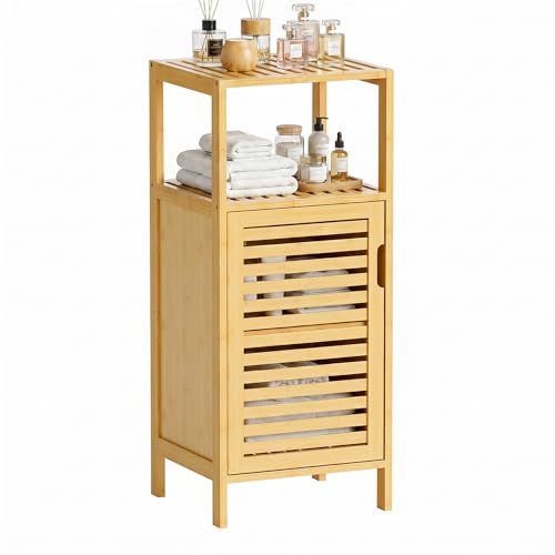 HITNET Bathroom Cabinet Freestanding, Small Bamboo Floor Cabinet, 4 Tier Single Door Sofa Side Table Storage Organizer, Space Saving Kitchen Cupboard, Natural - color: Natural