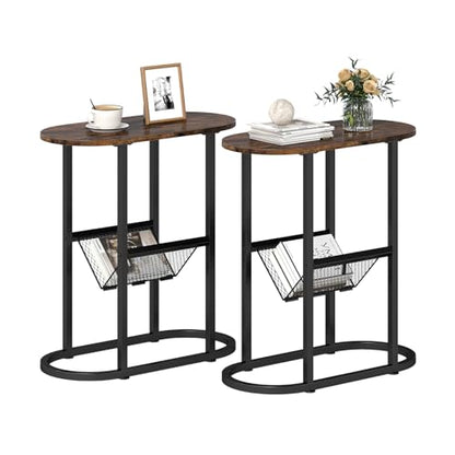 Tangkula Oval Narrow Side Table, 2-Tier End Table w/Mesh Magazine Rack, Steel Frame, Industrial Nightstand, Compact Sofa Bedside Table for Living Room Bedroom, Rustic Brown & Black - color: Rustic Brown & Black