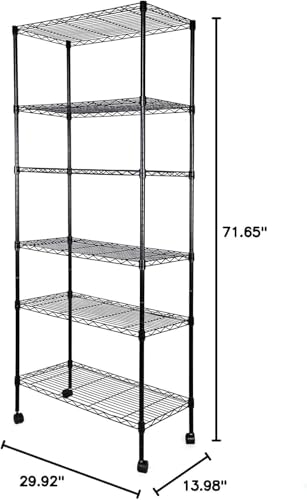 Simple Deluxe Heavy Duty 6-Shelf Shelving, 29.92'' D x 13.98'' W x 71.65'' H Adjustable Wire Shelving with Hanging Hooks and Wheels, Black - color: Black, size: 6-Tier