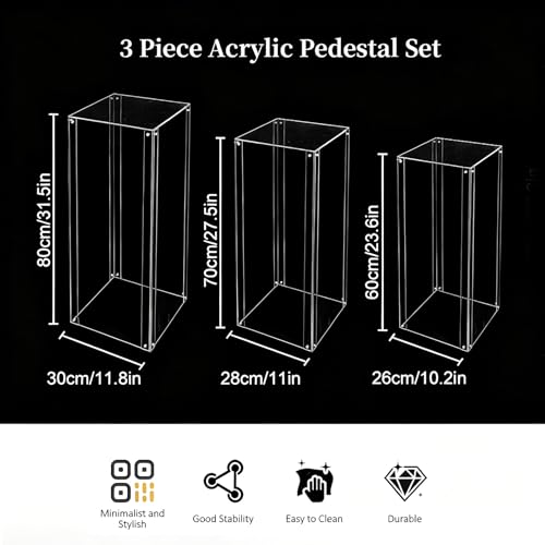 Vincidern 3PCS Acrylic Pedestal Stand for Party, Clear Square Display Plinth Pillar Stand for Wedding Cake Stand, Flower Holder, Sculpture Display, Art Gallery Home Decor (31.5"/27.6"/23.6" H)