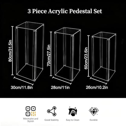 Vincidern 3PCS Acrylic Pedestal Stand for Party, Clear Square Display Plinth Pillar Stand for Wedding Cake Stand, Flower Holder, Sculpture Display, Art Gallery Home Decor (31.5"/27.6"/23.6" H)