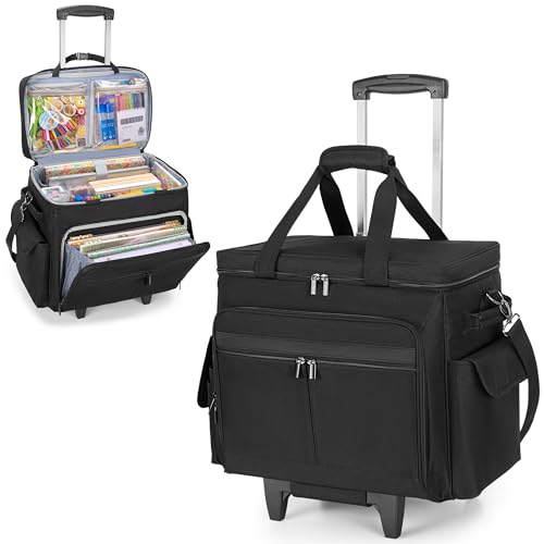Trunab Rolling Scrapbook Tote with File Pocket & Trolley, Craft Organizer | Expandable File Pocket, Detachable Trolley, Padded Sleeves for 15.6" Laptop, Scrapbooking Supplies & Art Tools - color: Black