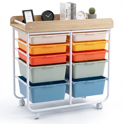 Rolling Cart with Drawers, 10 Drawer Rolling Storage Cart with Wooden Tabletop, Metal Frame & Lockable Wheels, Craft Organizers and Storage for Home Office Classroom (Macaron, 10 Drawer) - color: Macaron, size: 10 Drawer