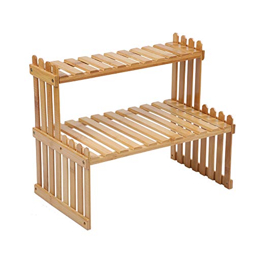 GURECOD 14.6"/18.5" 2 Tiers Bamboo Plant Stand Shelf,Desk Flower Pot Holder,Adjustable Desktop Shelf Display Organizer Ladder Rack for Office Decorate Storage Rack,Kitchen Rack (14.6" Length) - size: 14.6" Length