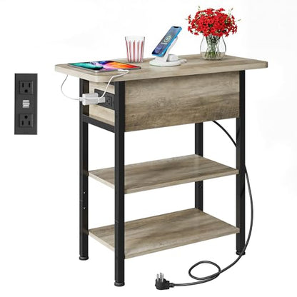 WLIVE 3-Tier End Table with Charging Station, Flip Top Narrow Side Table with Storage Shelf, Small Nightstand with USB Ports and Outlets,Bedside Table for Living Room, Bedroom - color: Greige