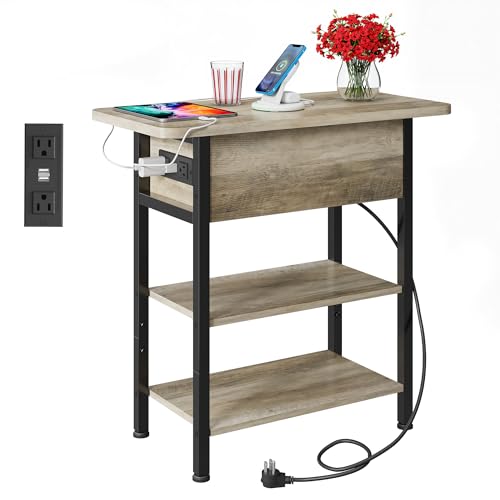 WLIVE 3-Tier End Table with Charging Station, Flip Top Narrow Side Table with Storage Shelf, Small Nightstand with USB Ports and Outlets,Bedside Table for Living Room, Bedroom - color: Greige