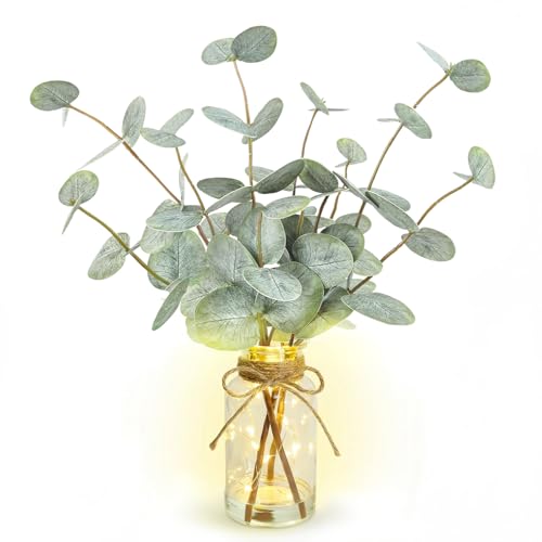 Bessol Artificial Eucalyptus Stems in Glass Vase with Faux Water, 13.5" Fake Plants for Home Decor, Coffee Table Centerpieces, Office, Bathroom & Farmhouse Weddings - Faux Greenery Plants Decorations - color: Green Eucalyptus With Led Light