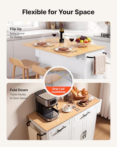VEVOR Kitchen Island Cart with Storage, 46.06 in Wide Mobile Rolling Storage Island on Swivel Wheels, with Drawer, Storage Cabinet, Drop Leaf, Spice/Towel Rack, Table for Home Dining Room, White - size: 46.06"W (dropleaf)