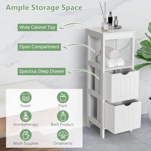 RELAX4LIFE Small Bathroom Storage Organizer, Freestanding with 2 Removable Drawers & Open Shelf, Wooden Corner Cabinet for Entryway, Living Room or Narrow Bathroom (White)
