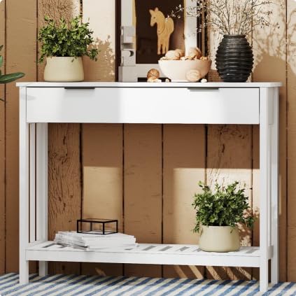 TaoHFE White Narrow Console Table with Drawer Storage Shelf, Modern Wooden Entryway Sofa Table, 39 Inch Slim Behind Couch Table, Side Display Console Table for Living Room,Office,White - color: White