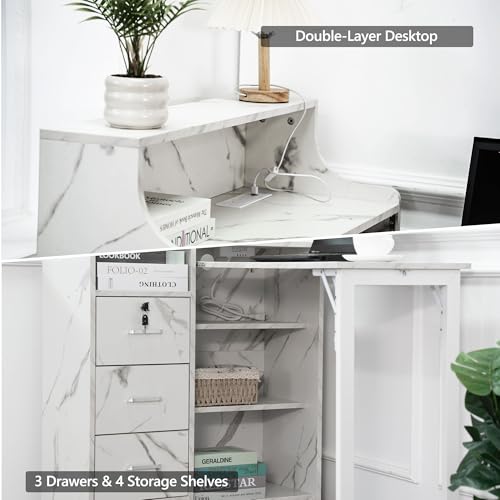 Fold Out Desk with Storage, Hidden Desk with Lockable Drawers & Shelves, Built-in Power Outlet,Folding Desk for Study and Home Office (Marble-Effect White) - color: Marble-effect White