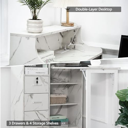 Fold Out Desk with Storage, Hidden Desk with Lockable Drawers & Shelves, Built-in Power Outlet,Folding Desk for Study and Home Office (Marble-Effect White) - color: Marble-effect White