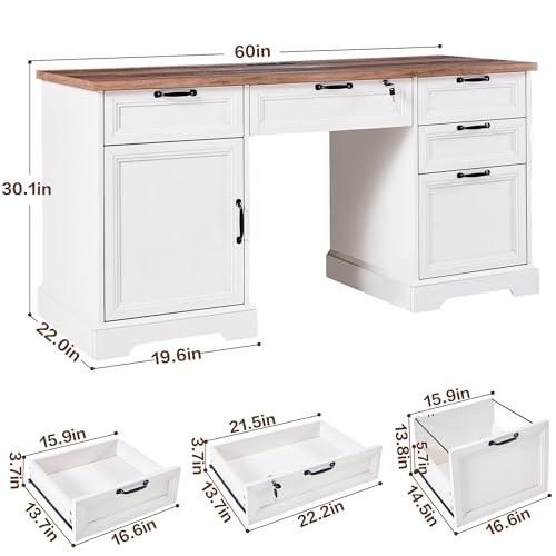 60" Farmhouse Executive Desk with Lock,Home Office Desk with Charging Station,Executive Desk with 4 Drawers & 1 Cabinet&1 File Cabinet for Office and Home - color: White
