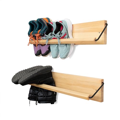 Wall Mounted Shoe Rack - A Wooden, Modern, Slim, and Small Shoe Storage Solution for Shoes and Boots in Narrow Spaces, entryways, or hallways. (30-in-Wide, Pack of 2) - size: 30-in-wide (Pack of 2)