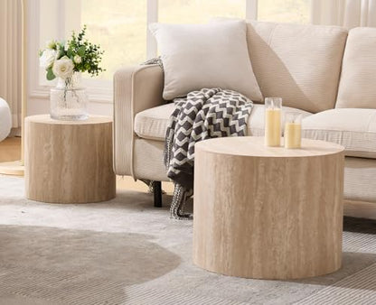 EALSON Nesting Coffee Tables Set of 2 Farmhouse Small Round End Tables Modern Circle Side Table Drum Table for Living Room/Small Spaces/Bedroom/Balcony, No Assembly, Travertine - color: Travertine