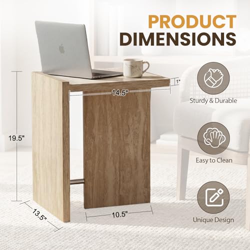 Hyfirm Modern Faux Travertine Side Table Small T-Shaped End Table | Space-Saving Accent Table with Travertine Finish Nightstand for Use Beside Sofa in Living Room Bedroom Apartments and Office - color: Beige
