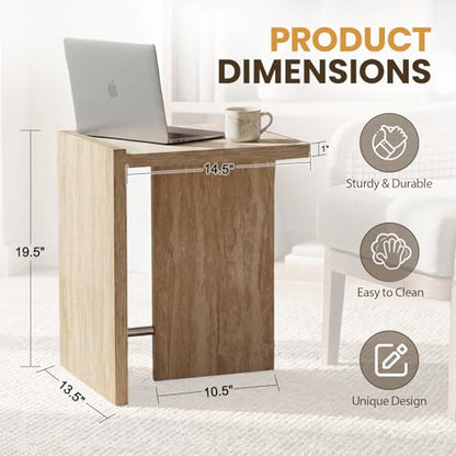 Hyfirm Modern Faux Travertine Side Table Small T-Shaped End Table | Space-Saving Accent Table with Travertine Finish Nightstand for Use Beside Sofa in Living Room Bedroom Apartments and Office - color: Beige