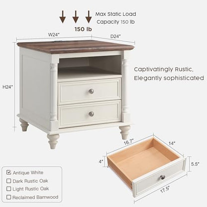 T4TREAM 24" Farmhouse Nightstands with 2 Drawers, Antique White | 4 Solid Wood Feet, Charging Station, Tall Rustic Wood Square, Sofa Side Table, Living Room, Bedroom - color: Antique White