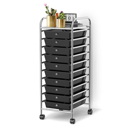 DREAMADE Rolling Cart with Storage Drawers, Utility Cart with Removable Plastic Drawers, Lockable Wheels, Art Cart for Classroom Organization Art Supplies Office Scrapbook (10 Drawers, Black) - color: Black, style: 10 Drawers