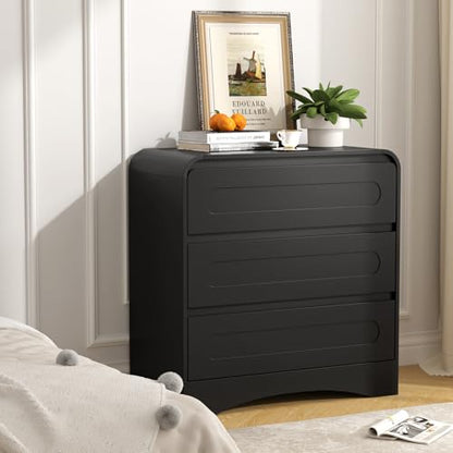 32" Large Night stand, 3 Drawer Nightstand with Spacious Drawers | Pre-Installed Slides, Wood Bedside Table, Modern End Table, Curved Nightstand for Bedroom Sofa Couch Office, Black - color: Black, size: 3 Drawer