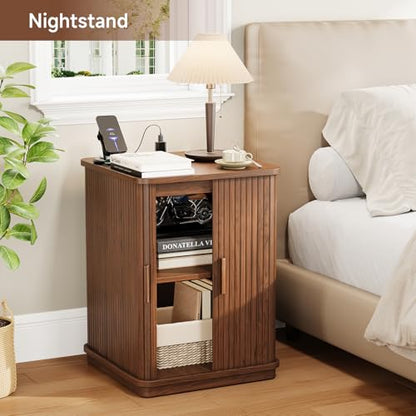ONBRILL Square End Table with Charging Station, Fluted Storage Nightstand | Mid-Century Modern Accent Side Table with Sliding Door & Sturdy Pedestal, for Small Space, Living Room, Bedroom, Walnut - color: Walnut