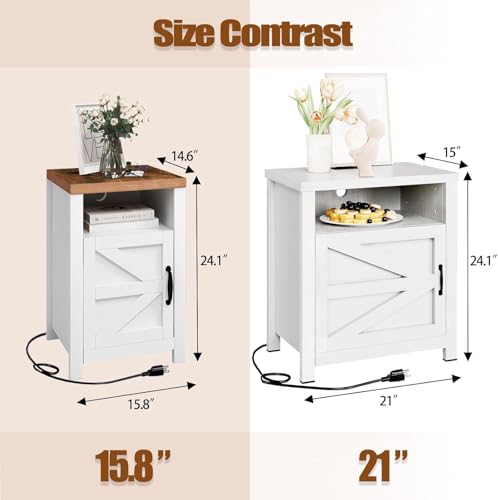 oneinmil End Table with Charging Station, Farmhouse Nightstand with Barn Door, Sofa Side Table with Storage Space 2-Piece Set, Suitable for Livingroom and Bedroom,White - color: White
