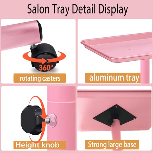 Salon Tray on Wheels, Metal, Salon Rolling Tray Height Adjustable Used As Color Tray, Hair Stylist Tray,Tattoo Tray and Dental Tray(Pink) - color: Pink