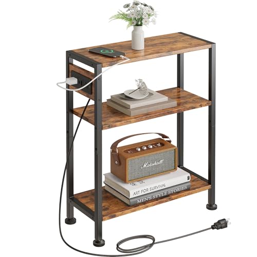 End Table with Charging Station, 3-Tier Side Table for Small Space, Skinny Nightstand with USB/Type C Port and 2 Outlets, Slim Beside Table for Living Room, Bedroom, Balcony, Rustic Brown - color: Rustic Brown