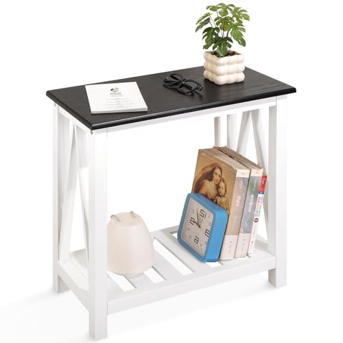 Farmhouse End Side Table Wood Frame Narrow Side Table with Shelves Black White Rectangular Night Stand Sofa Table for Couch, Small Spaces, Living Room, Bedroom - color: Black&white