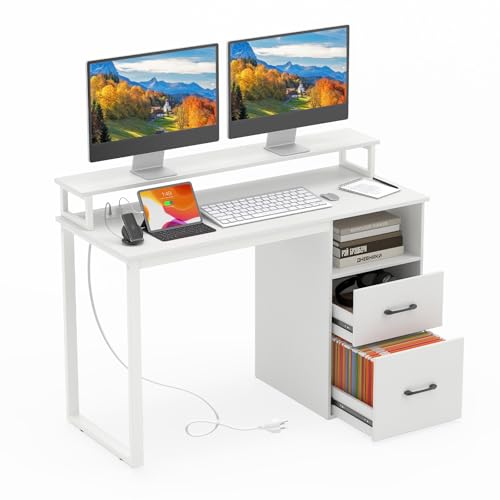 Giantex 48 Inch Computer Desk with Power Outlets & File Drawer, Home Office Desk with Monitor Stand, Gaming Desk with Storage Shelf, Modern Study Work Writing Table for Bedroom, Small Spaces, White