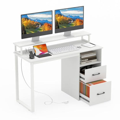 Giantex 48 Inch Computer Desk with Power Outlets & File Drawer, Home Office Desk with Monitor Stand, Gaming Desk with Storage Shelf, Modern Study Work Writing Table for Bedroom, Small Spaces, White