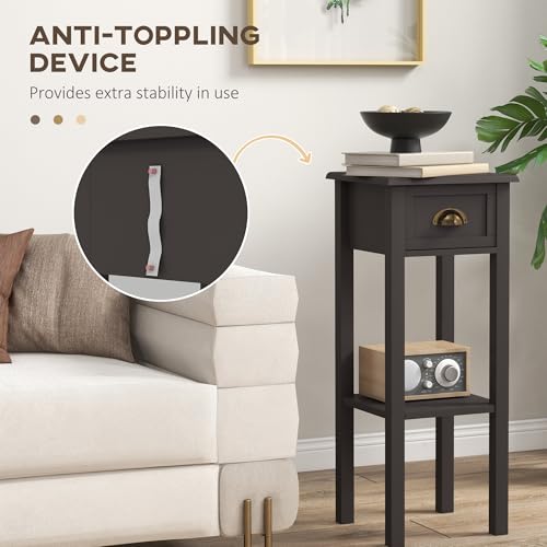 HOMCOM Narrow End Table with Drawer Slim Side Table for Small Spaces Coffee | Tall Telephone Table, Skinny Modern Design, for Small Spaces, Living Room - color: Coffee
