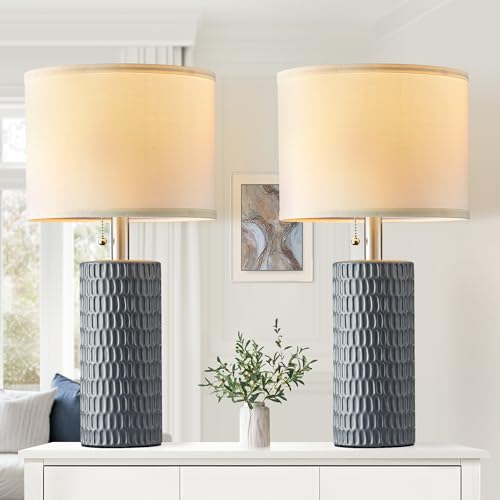 Reaketon Table Lamps for Living Room Set of 2, Ceramic Table Lamps for Bedroom, 20" Modern Lamps for Night Stands, Grey - color: Gray
