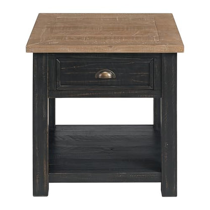Monterey Farmhouse Rustic End Table, Solid Pine Wood Coastal Side Table with Drawer and Shelf. Black and Driftwood. | Farmhouse Rustic, Coastal Side Table, Drawer and Storage Shelf - color: Black and Driftwood