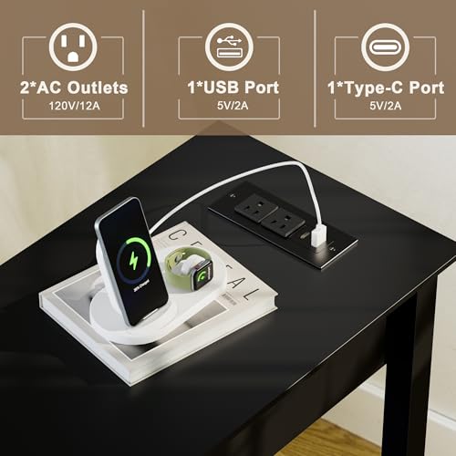 Treocho End Tables Living Room Set of 2 with Charging Station and 2 Drawers | Narrow Side Table with Ample Storage, Sofa Bedside Table for Small Spaces, Living Room, Bedroom, Black - color: Black