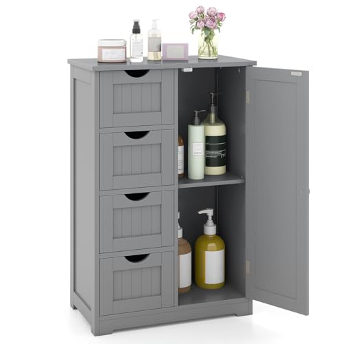 Tangkula Bathroom Floor Cabinet, Freestanding Storage Cabinet with 4 Drawers & Single Door, Adjustable Shelf, Multipurpose Bathroom Storage for Home Office, 21.5 x 12 x 32.5 Inches (Grey) - color: Grey, style: 4 Drawers