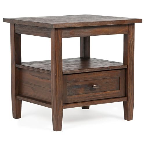 SIMPLIHOME Warm Shaker End Table - 20" Wide x 20" High Solid Wood Side Table in Distressed Charcoal Brown, Transitional Accent Table for Living Room with Drawer, Open Shelf and Square Tapered Legs - color: Distressed Charcoal Brown, size: 20 inch, style:
