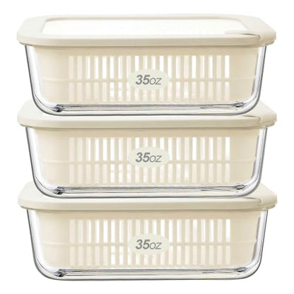 Urban Green Glass Food Storage Containers with Glass Lids, Microwave Safe Food Container Set, Aitight Meal Prep Container Set, BPA Free, 3 extra Colanders, LeakProof, 3 Pack of 35oz - color: Ivorywhite-3RT