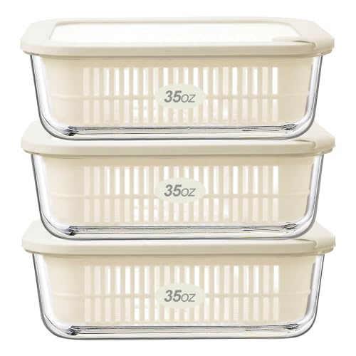 Urban Green Glass Food Storage Containers with Glass Lids, Microwave Safe Food Container Set, Aitight Meal Prep Container Set, BPA Free, 3 extra Colanders, LeakProof, 3 Pack of 35oz - color: Ivorywhite-3RT