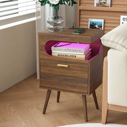 Veegle Nightstand,Modern Bedside Table with Storage Drawer and Open Wood Shelf, Accent Night Stand with Solid Wood Legs for Living Room, Bedroom and Small Spaces,Easy Assembly (Walnut Brown-1) - color: Walnut Brown-1