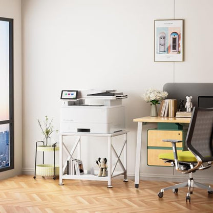 Printer Stand, 23.6 x 23.6 Inches Large Printer Stand with Storage Shelf, 2 Tier Printer Table for Home Office, Rolling Printer Cart with Industrial Wheels, Mini Fridge Stand Table, White - color: White