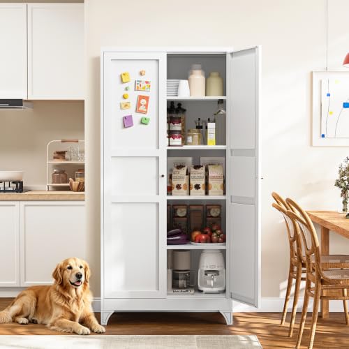 Yizosh Metal Storage Cabinet with 2 Doors and 4 Adjustable Shelves - 71" White Kitchen Pantry Storage 4-Tier Tall Steel Cabinets Locker for Kitchen, Living Room, Dining Room - color: White, size: 71"- 4 Adjustable Shelves-B