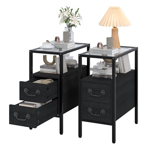 VECELO Narrow Side Table Set of 2, Night Stand Sofa Table with Glass Top,Bedside End Tables with Storage Drawers,Wood Nightstand for Small Spaces Living Room Bedroom,Black - color: Classic Black, size: 2 pack