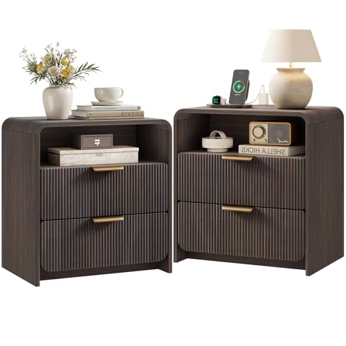 24" Fluted Nightstand Set of 2 with Charging Station, Bedside Table with Metal Handle, NightStand with 2 Drawer and Shelf, End Table for Bedroom, Curved Profile, Black Walnut - color: Black Walnut-2 Drawers, size: 2 Drawers