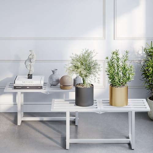 Plant Stand Indoor Outdoor, Foldable Metal Plant Shelf for Multiple Pots, Mid Century Slatted Bench for Patio Garden, Heavy Duty Capacity 330 lbs 2 Pack White - color: 1 tier white