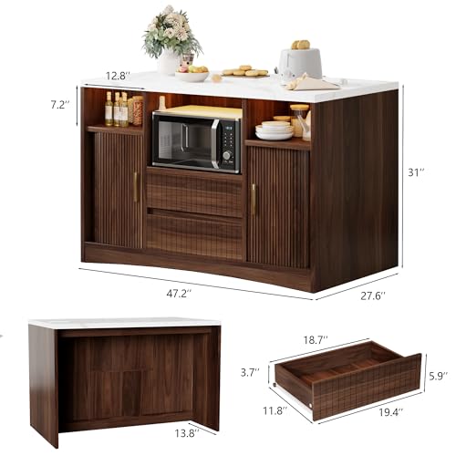 Kitchen Island with Storage, Island Table for Kitchen with Power | Outlet & LED Light, Coffee Bar Cart Rolling Buffet Cabinet with Fluted Sliding Door, 2 Drawers, Large Countertop, Walnut - color: Walnut