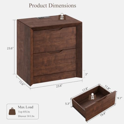 YANSNWO Walnut Nightstand Set of 2 with Charging Station, 23.6" Modern Bedside Table with Thickened Frame & Unique Panel, Mid Century Wood End Table for Bedroom, Living Room - color: Walnut, size: 15.6"D x 23.6"W x 23.6"H (2 Drawers/2 Piece)