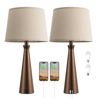 Seealle Modern Table Lamps Set of 2 - Touch Bedside Lamp for Nightstand with Dual USB C+A,3-Way Dimmable Brown Nightstand Lamps for Living Room Bedroom End Table with Oat Shade(Bulb Included) - color: F. Brown-Oat